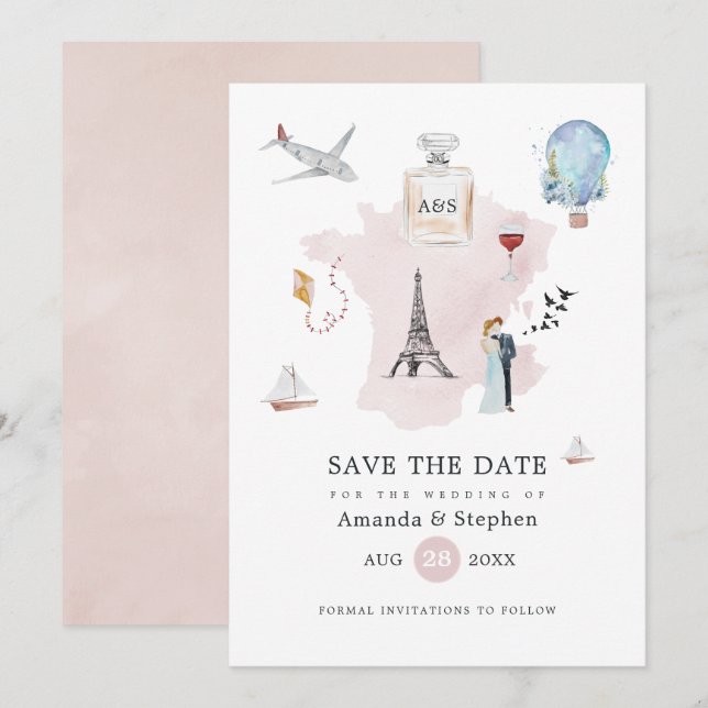 Reserve A Data Casamento com Monograma de Destino em Paris com Aq (Frente/Verso)
