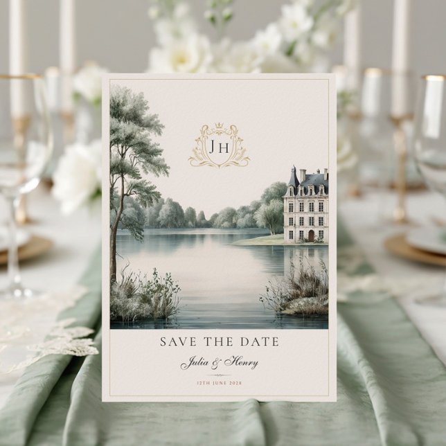 Reserve A Data Casamento com Monograma do Château Francês Românti (Criador carregado)
