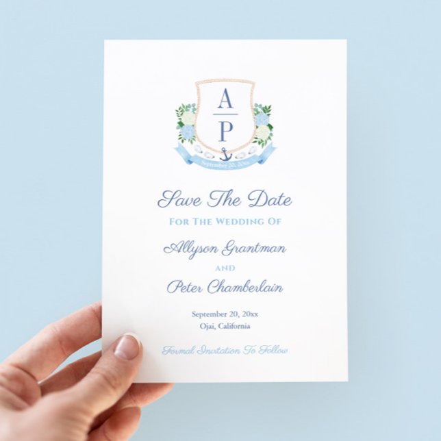 Reserve A Data Casamento com Monograma Elegante à Beira-Mar (Elegant coastal theme save the date with hand painted watercolor couples monogram)