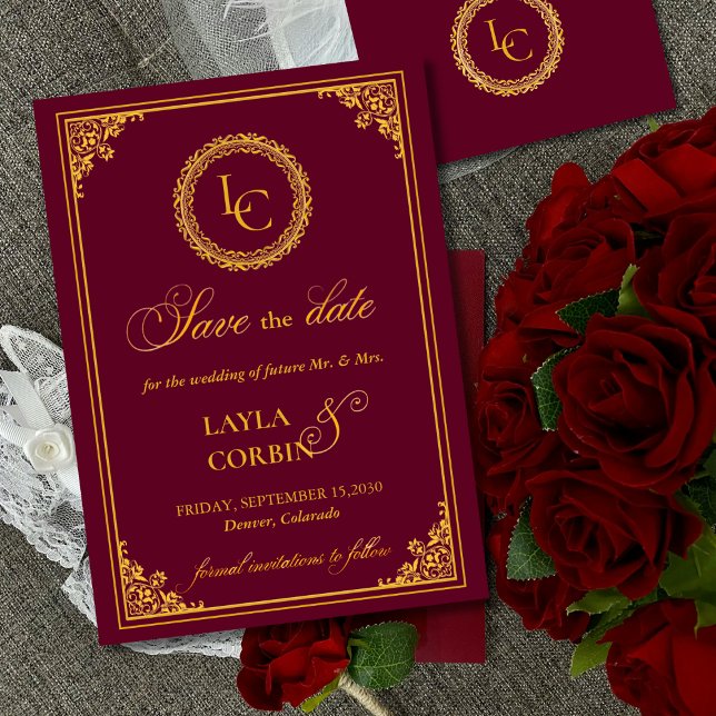 Reserve A Data Casamento com Monograma Real em Moldura Dourada Cl (Criador carregado)