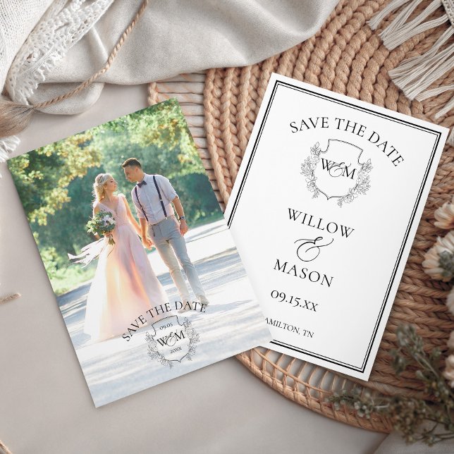 Reserve A Data Casamento com Monograma Vintage Elegante (Photo Elegant Crest Monogram Save The Date front and back)