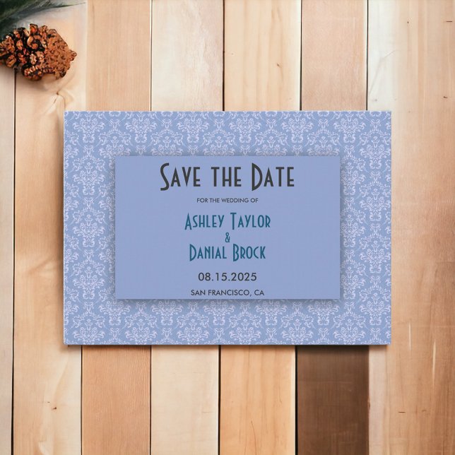 Reserve A Data Casamento com Ornamentado de Script Azul Damask Ma (Criador carregado)