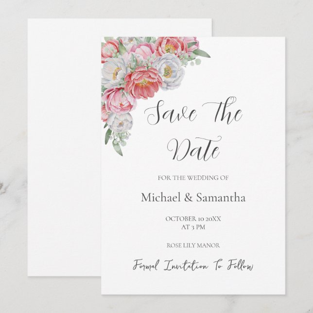 Reserve A Data Casamento com Peônia Rosa e Branca (Frente/Verso)
