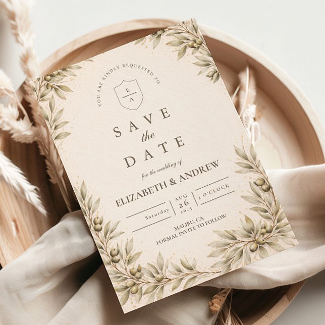 Reserve A Data Casamento com Ramagem de Oliveira Elegante (Criador carregado)