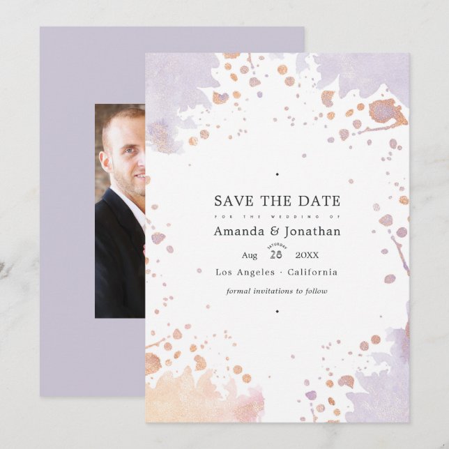 Reserve A Data Casamento com respingo de tinta em rosa dourado e  (Frente/Verso)