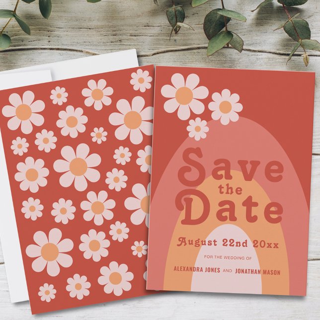 Reserve A Data Casamento com Retro Moderno dos anos 70 (Retro 70s vintage daisy arch orange wedding save the date invitation with groovy typography )