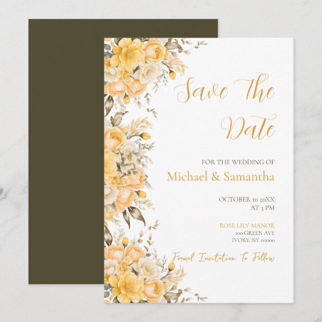 Reserve A Data Casamento com Rosa Amarela Elegante e Marfim (Frente/Verso)