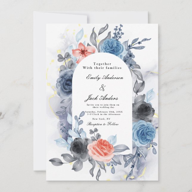 Reserve A Data Casamento com Rosa de aquarela azul moderno (Frente)