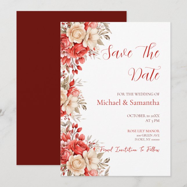 Reserve A Data Casamento com Rosa Vermelha e Marfim Elegantes (Frente/Verso)