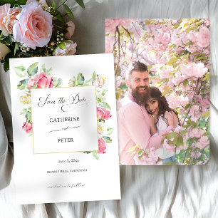 Reserve A Data Casamento com Rosas em Aguarela Rosa Bege/Ivory Ro