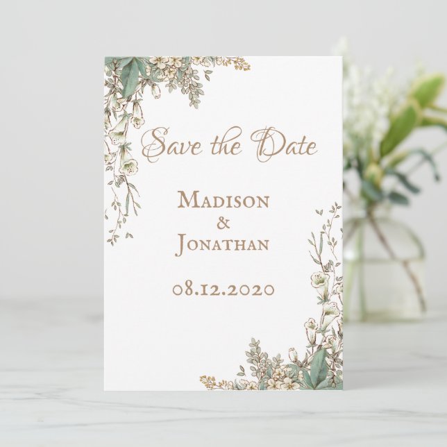 Reserve A Data Casamento com Roteiro Floral de Vegetação Elegante (Em pé/Frente)