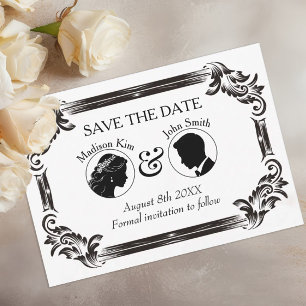 Reserve A Data Casamento com Silhueta Vintage Preta e Tipografia