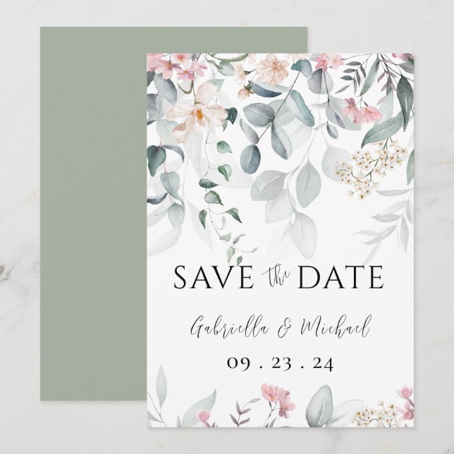 Reserve A Data Casamento com Vegetação em Aquarela Rosa (Frente/Verso)
