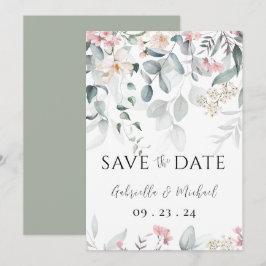 Reserve A Data Casamento com Vegetação em Aquarela Rosa