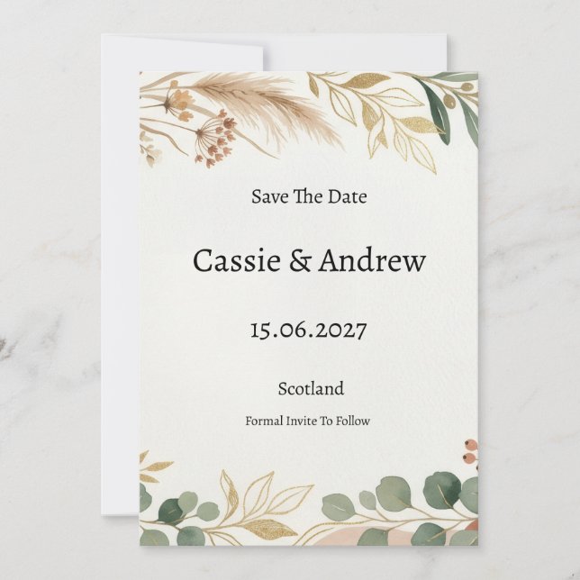 Reserve A Data Casamento com Verde Folhagem de Eucalipto (Frente)