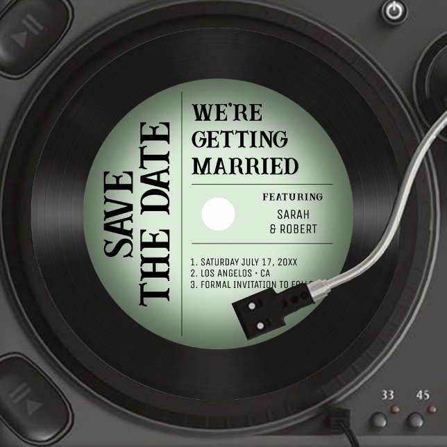 Reserve A Data Casamento com Vintage Green Vignette Vinyl Record (Sage Green Retro Vintage Vignette Vinyl Record Wedding Save The Date)