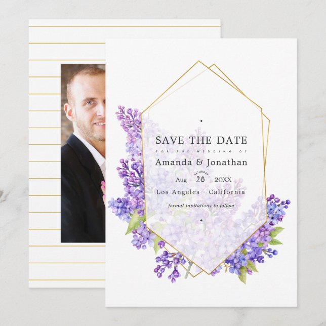 Reserve A Data Casamento com Violeta Pastel e Geométrico Dourado  (Frente/Verso)