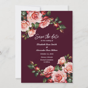 Reserve A Data Casamento cor-de-rosa escuro e rosas vermelhas bur