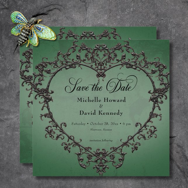 Reserve A Data Casamento Coração Filigrana Preto e Verde Gótico (Gothic Black & Green Filigree Heart Wedding Save The Date)