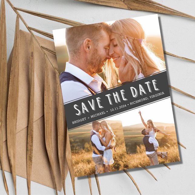 Reserve A Data Casamento da Colagem de Fotos Moderna Três Salve a (Modern Three Photo Collage Wedding Save the Date)