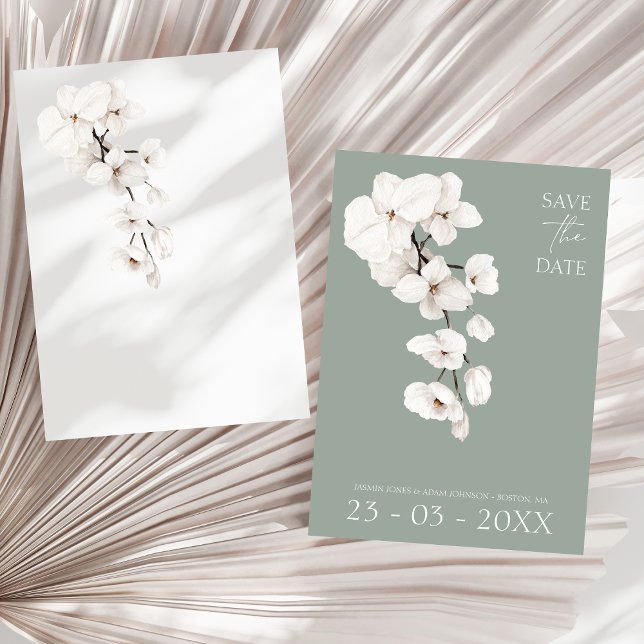 Reserve A Data Casamento da Orquídea Branca Verde do Modern Sage (Modern Sage Green White Orchids Wedding Save the Date Card)