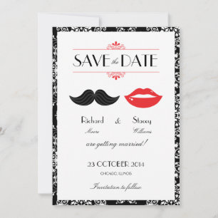 Reserve A Data Casamento Damask com Bigode e Lábios Vermelhos, Pr