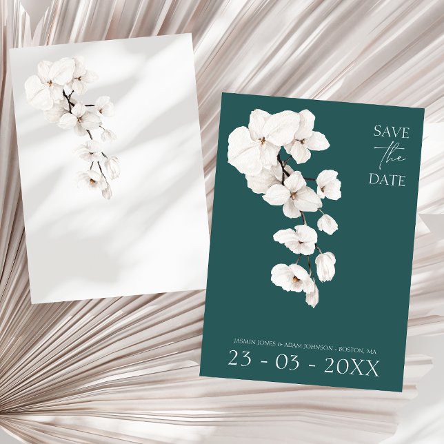 Reserve A Data Casamento das Flores das Orquídeas Brancas Verdes  (Modern Emerald Green White Orchids Flowers Wedding Save The Date)