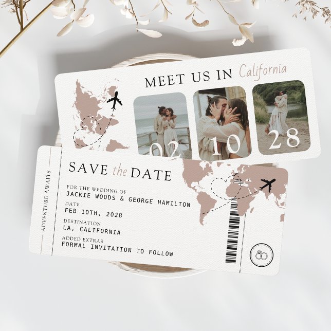 Reserve A Data Casamento de 3 Fotografias Beige Neutral (Save the Date Unique Boarding Pass with 3 Photos Perfect for Destination Wedding Passport Travel)