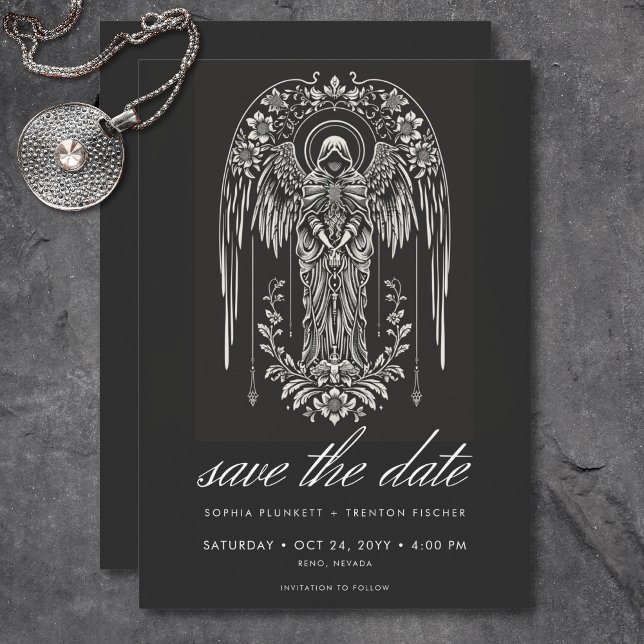 Reserve A Data Casamento de Anjo Fechado com Moody Escuro (Dark Moody Cloaked Angel Wedding Save The Date)