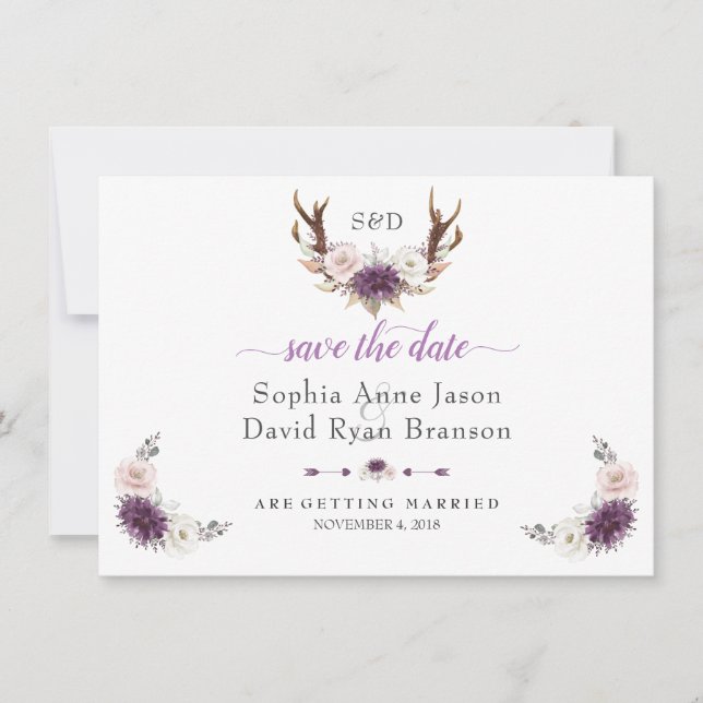 Reserve A Data Casamento de Antílope Floral Bege Lavanda Branco (Frente)