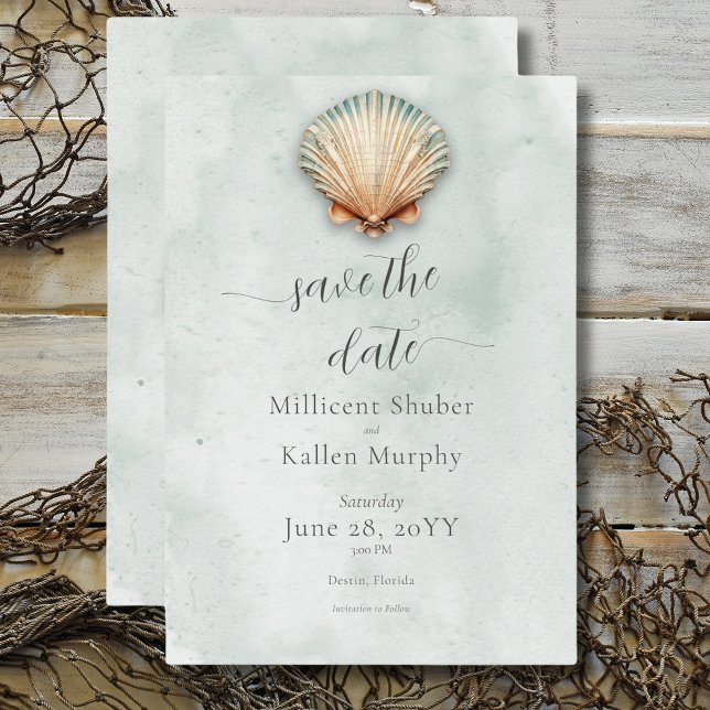 Reserve A Data Casamento de Aqua de Seashell Costeiro Moderno (Modern Coastal Seashell Aqua Wedding Save The Date)