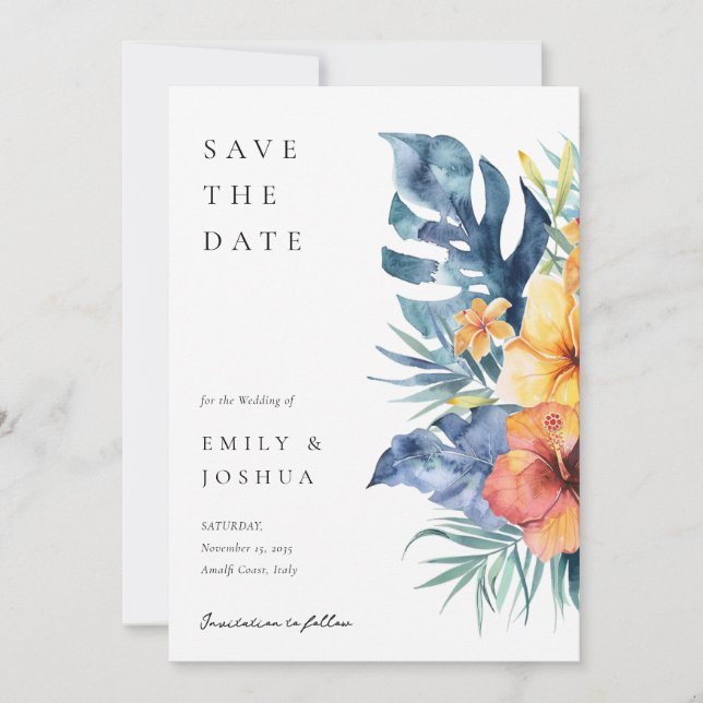 Reserve A Data Casamento de Aquarela Tropical Floral Summer (Frente)
