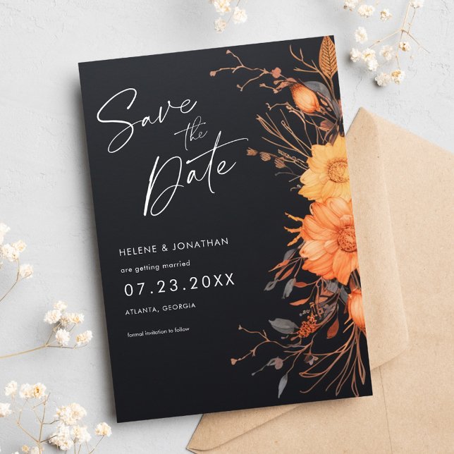 Reserve A Data Casamento De Aquarelas Florais De Queda Negra Eleg (Elegant Black Fall Floral Watercolor Wedding Save The Date)