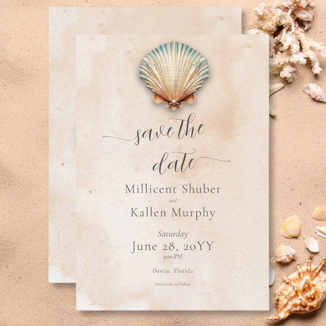 Reserve A Data Casamento de Areia Costeira Moderna (Modern Coastal Seashell Sand Wedding Save The Date)