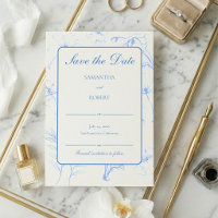 Casamento de Arte de Linha Floral Azul Elegante Po