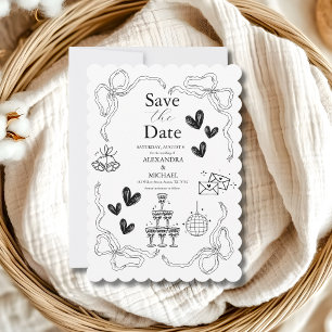 Reserve A Data Casamento de Arte Doodle Retro Caprichoso Preto e