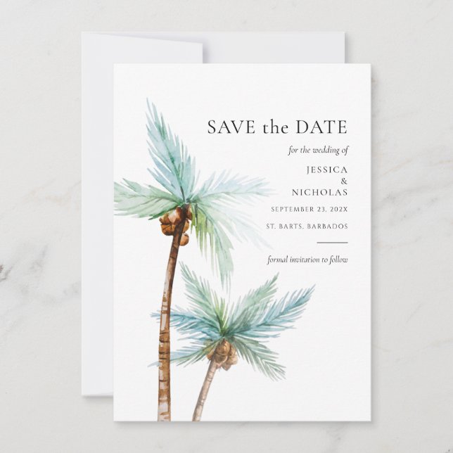 Reserve A Data Casamento de Árvores Tropicais Aquarela (Frente)