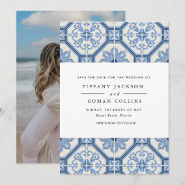 Reserve A Data Casamento de Azulejo Grego Azul Elegante