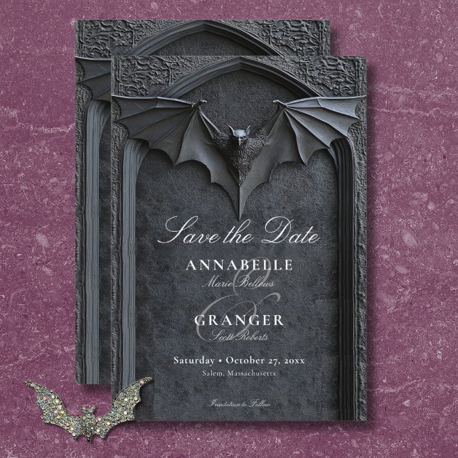 Reserve A Data Casamento de Bat e Arco Pretos do Halloween (Gothic Halloween Black Bat & Arch Wedding Save The Date)