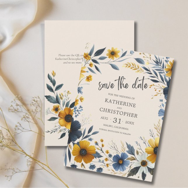 Reserve A Data Casamento de Beige de Flores Selvagens Elegantes (Watercolor Wildflowers Beige Wedding Save the Date with Blue and Yellow wildflowers, QR Code.)