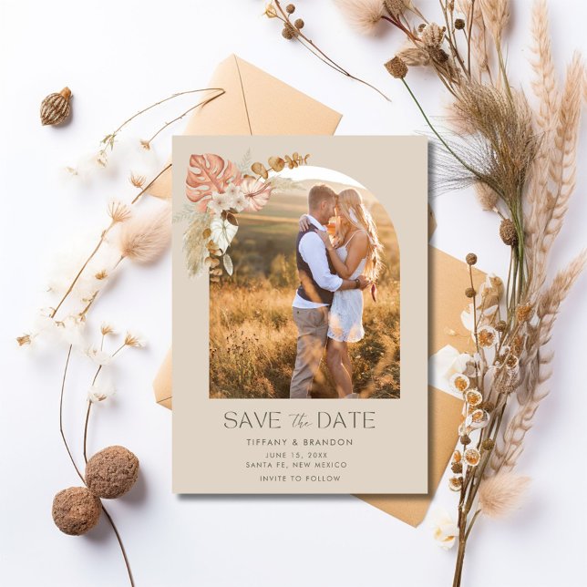 Reserve A Data Casamento de Boho com Foto em Arch Simples Elegant (Simple Elegant Arch Photo Boho Wedding Save The Date)