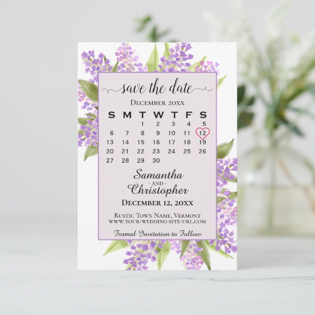 Reserve A Data Casamento de Boho de Lavanda de Lilases e Calendár (Em pé/Frente)