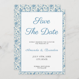 Reserve A Data Casamento de Borda Floral Chic Blue Toile de Jouy