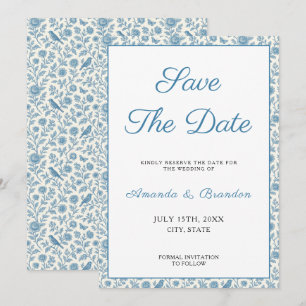 Reserve A Data Casamento de Borda Floral Chic Blue Toile de Jouy