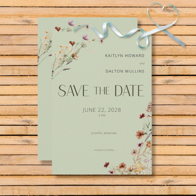 Reserve A Data Casamento de Buquê de Flores Selvagens Verdes Mode (Modern Sage Green Wildflower Bouquet Wedding Save the Date Card)