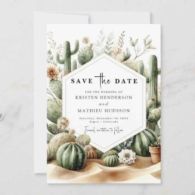 Reserve A Data Casamento de Cactus com Aquarela Personalizada (Frente)