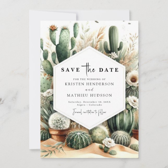Reserve A Data Casamento de Cactus Personalizado Elegante (Frente)