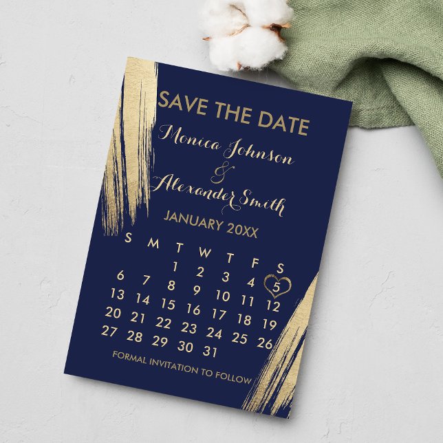 Reserve A Data Casamento de Calendário de Brushstrokes Dourados A (Navy Blue Gold Brushstrokes Calendar Wedding Save The Date)