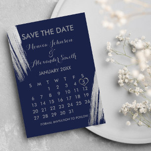 Reserve A Data Casamento de Calendário marinho Azul Prata Brushst