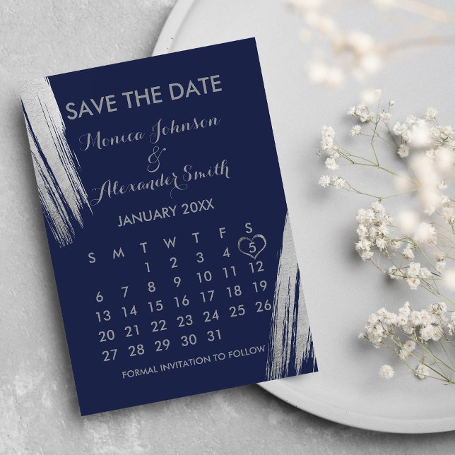 Reserve A Data Casamento de Calendário marinho Azul Prata Brushst (Navy Blue Silver Brushstrokes Calendar Wedding Save The Date)
